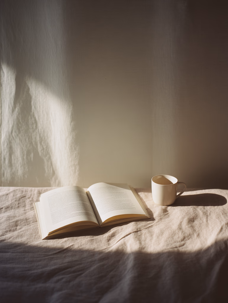 Libro abierto sobre una cama con luz natural
